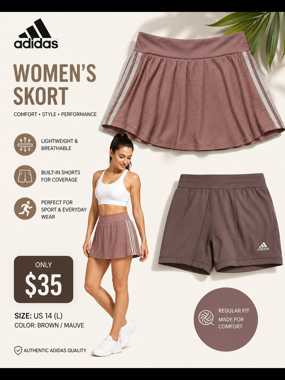 adidas Women’s Mauve Brown Athletic Skort with Built-In Shorts